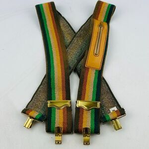 Adult M Leegin Striped Suspenders Elastic Green Brown Yellow‎ Zipper Pocket